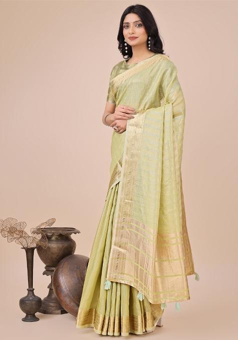 Pista Green Wevon Designer Organza Saree Set