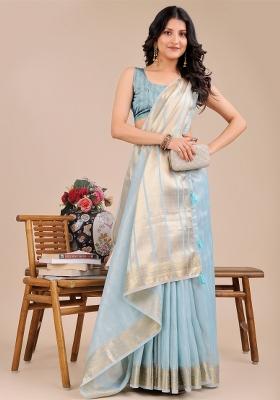 Sky Blue Wevon Designer Organza Saree Set