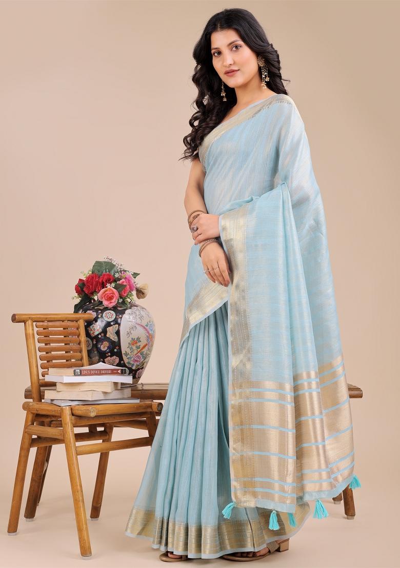 Sky Blue Wevon Designer Organza Saree Set
