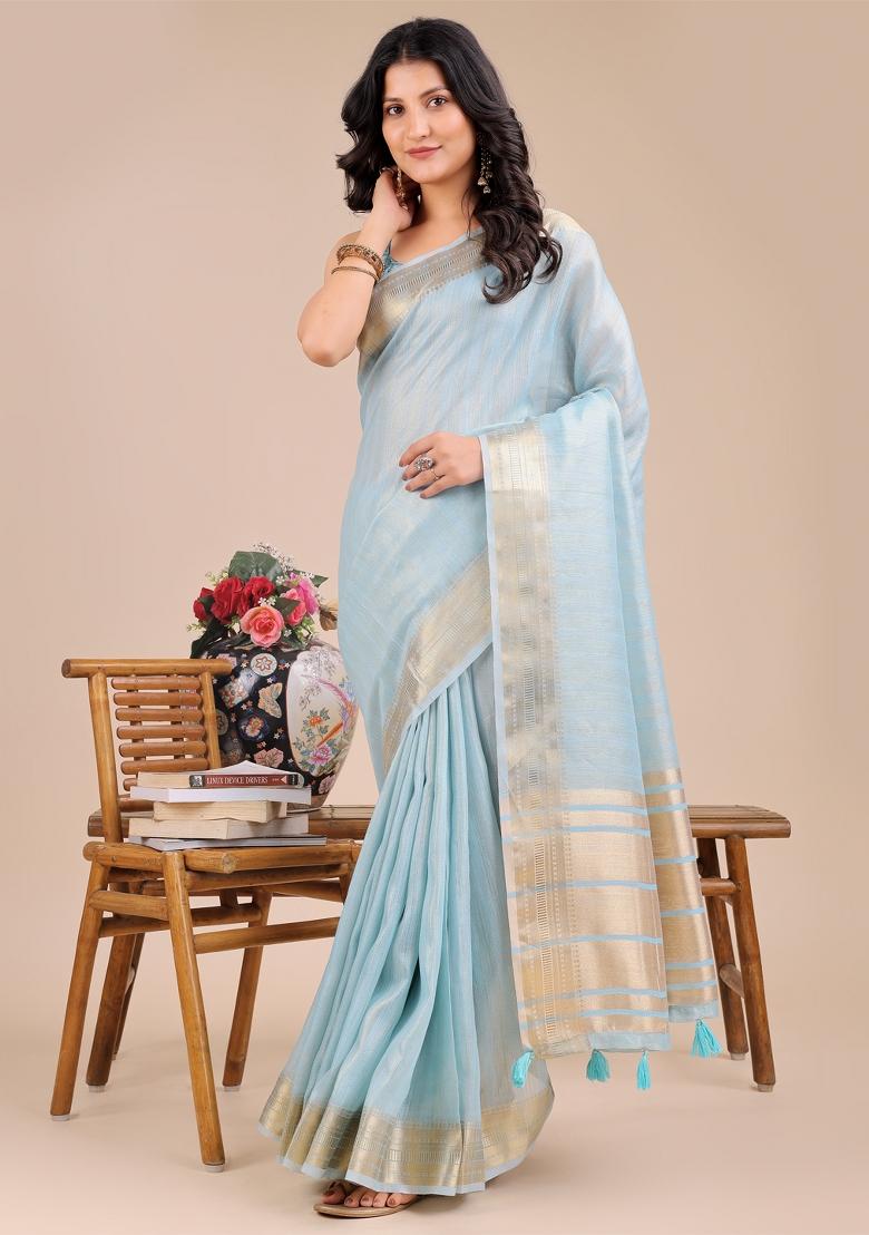 Sky Blue Wevon Designer Organza Saree Set
