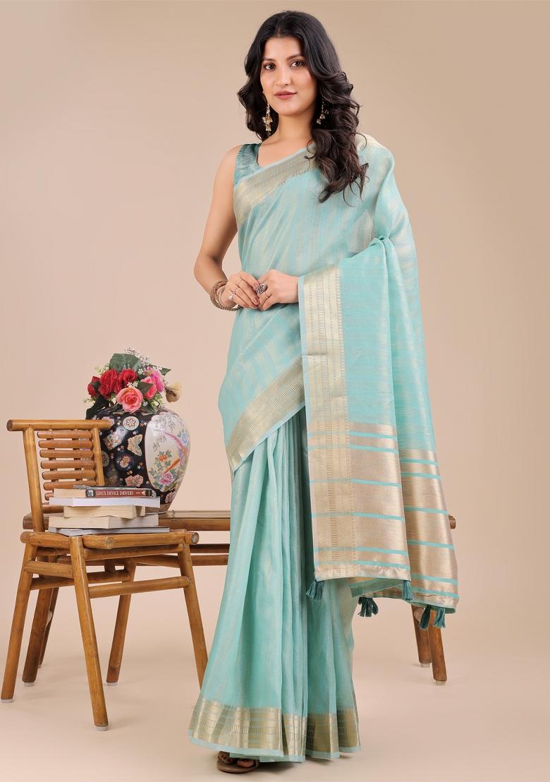 Sea Green Wevon Designer Organza Saree Set
