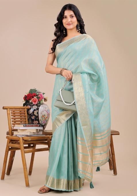 Sea Green Wevon Designer Organza Saree Set