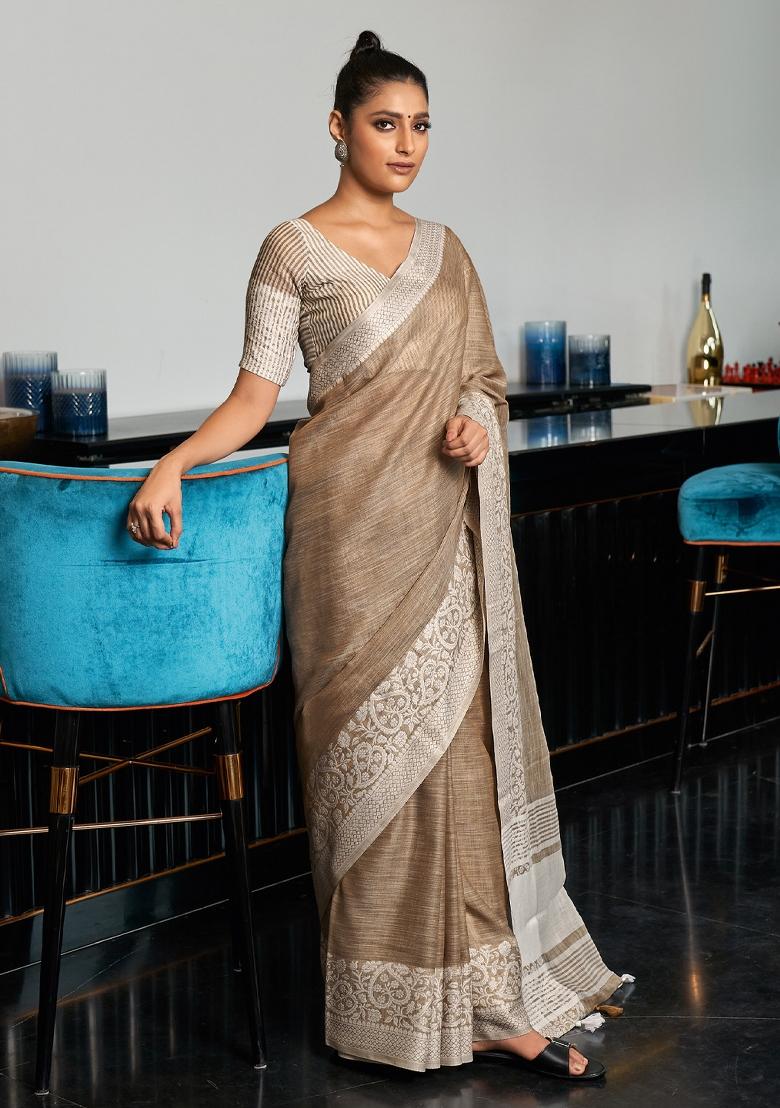Beige Wevon Designer Linen Saree Set