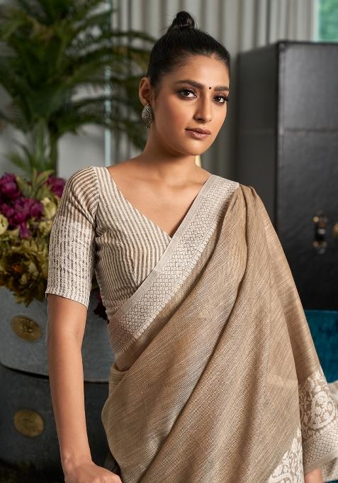 Beige Wevon Designer Linen Saree Set