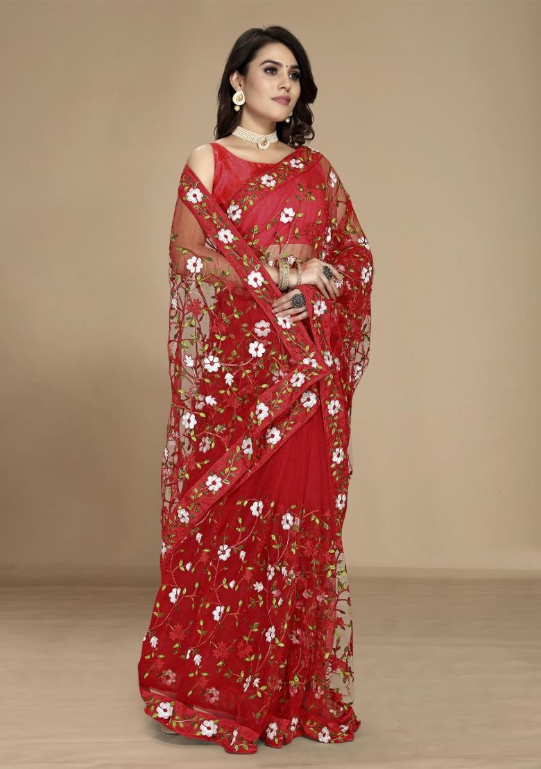Red Embroidered Net Saree Set
