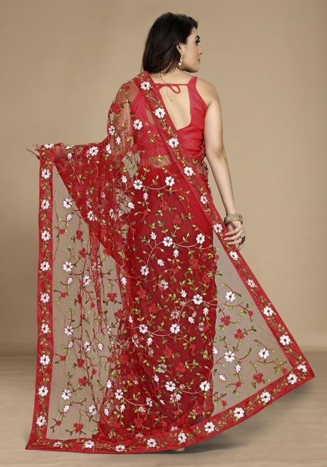 Red Embroidered Net Saree Set