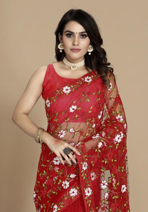 Red Embroidered Net Saree Set