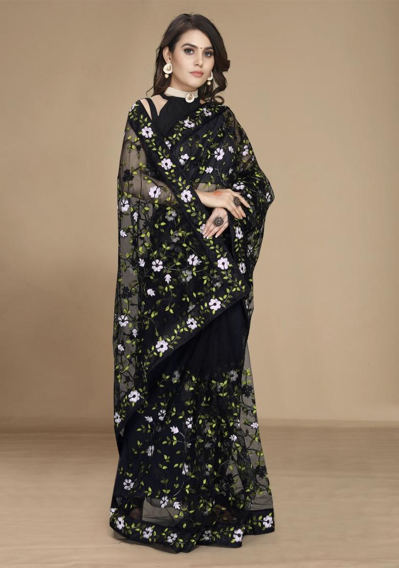 Black Embroidered Net Saree Set