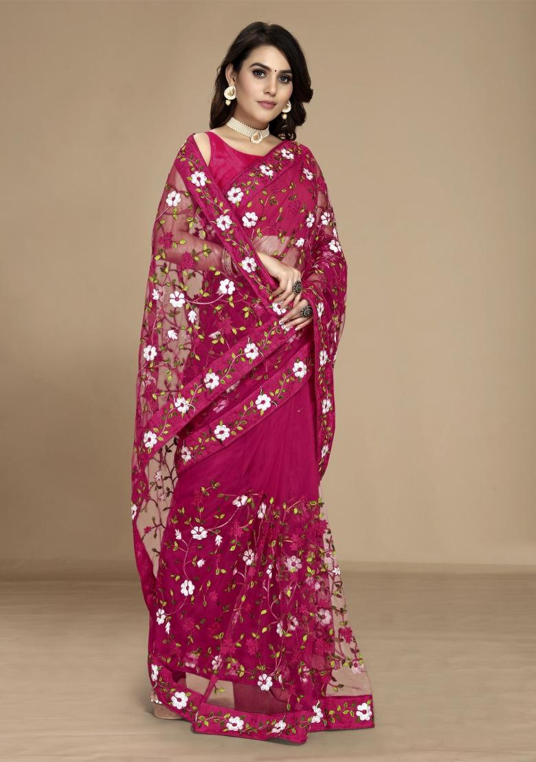 Dark Pink Embroidered Net Saree Set