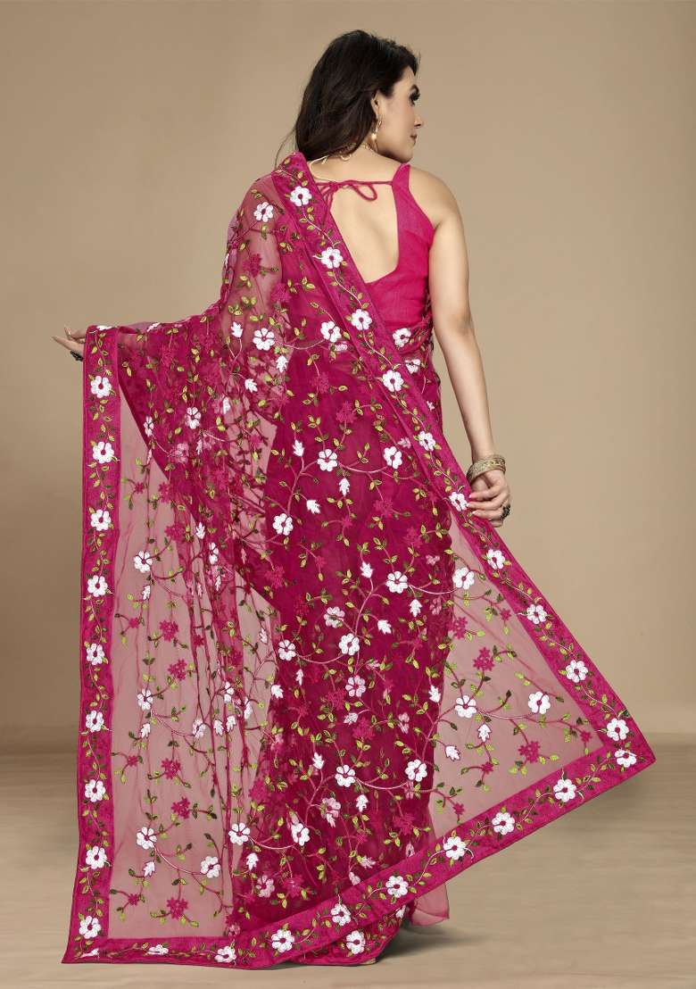Dark Pink Embroidered Net Saree Set - Indya