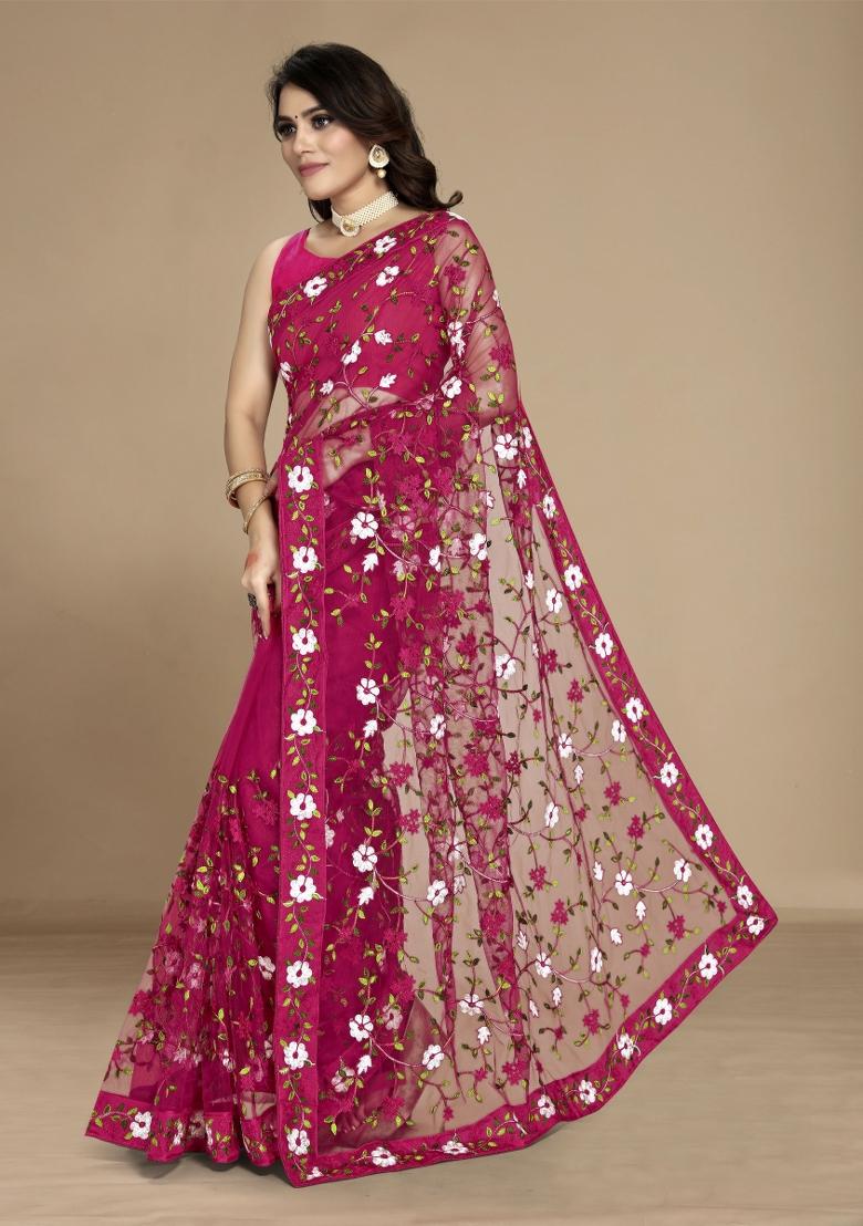 Dark Pink Embroidered Net Saree Set