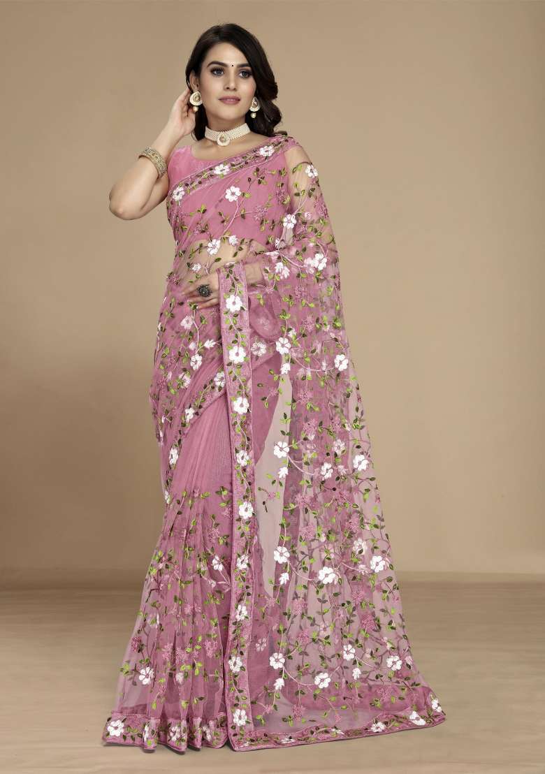 Light Pink Embroidered Net Saree Set - Indya