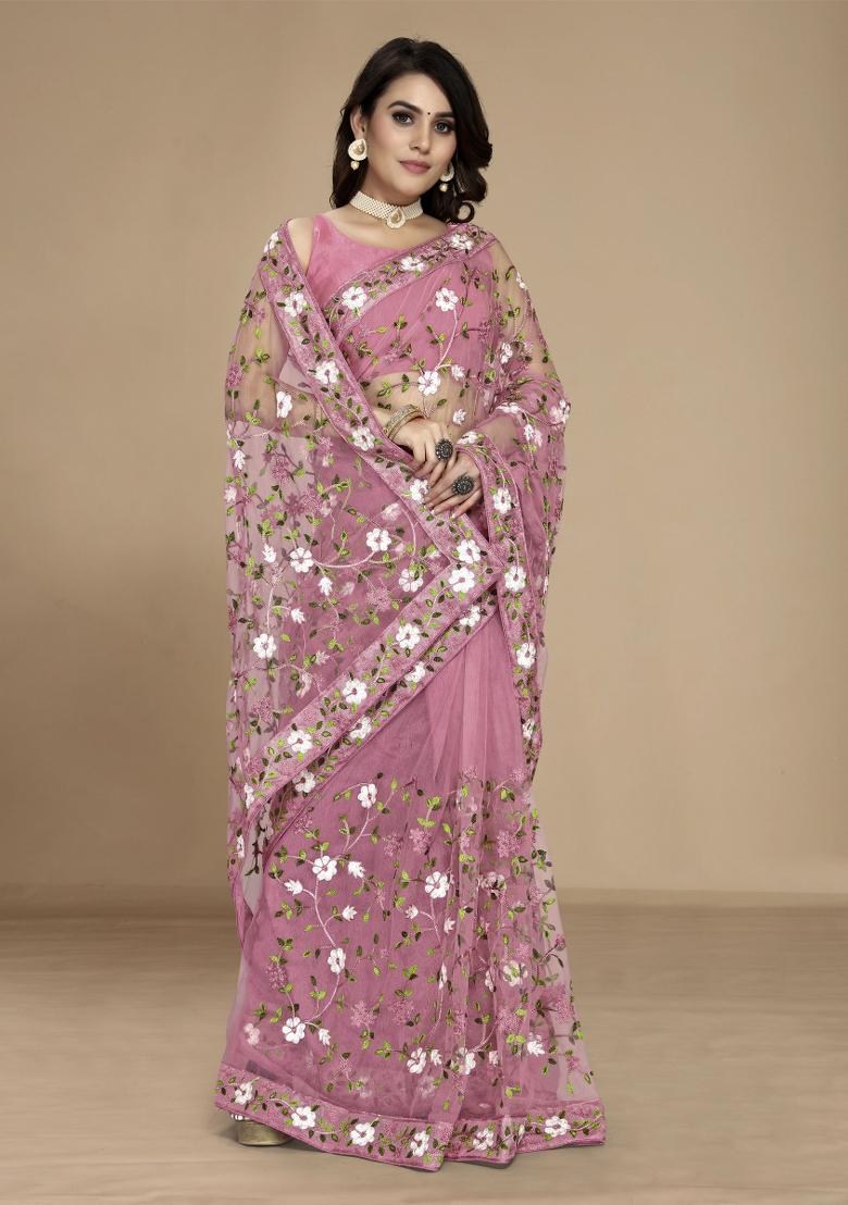 Light Pink Embroidered Net Saree Set