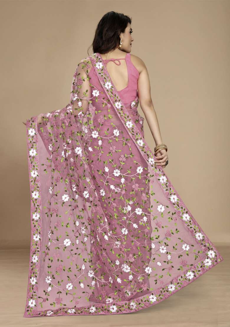 Light Pink Embroidered Net Saree Set - Indya