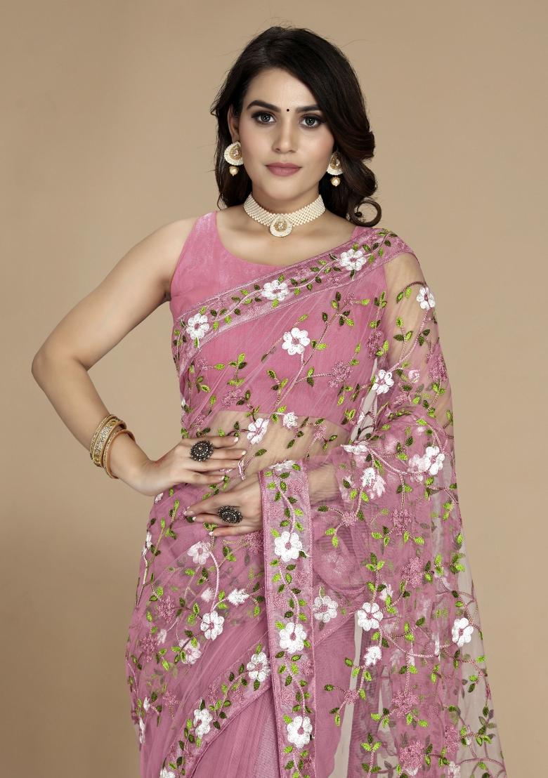 Light Pink Embroidered Net Saree Set