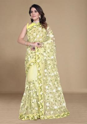 Yellow Embroidered Net Saree Set