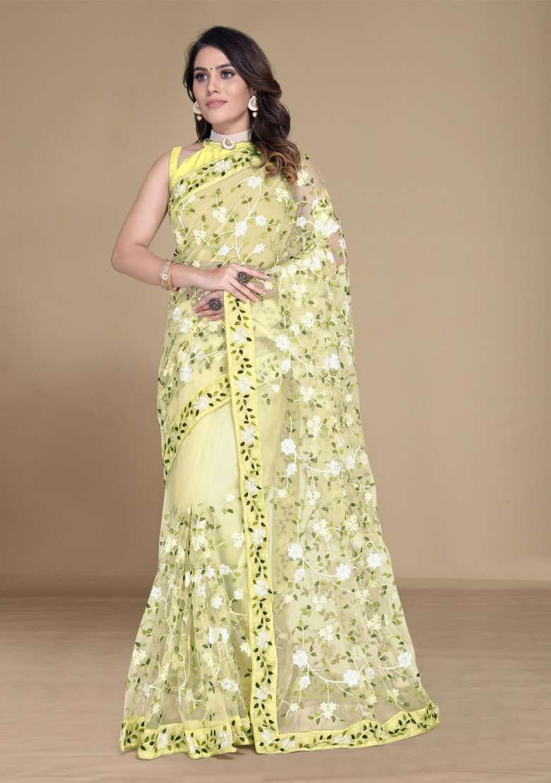 Yellow Embroidered Net Saree Set - Indya