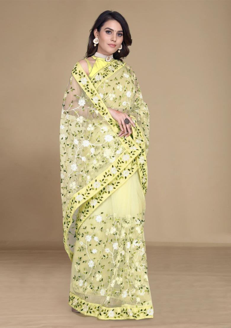Yellow Embroidered Net Saree Set