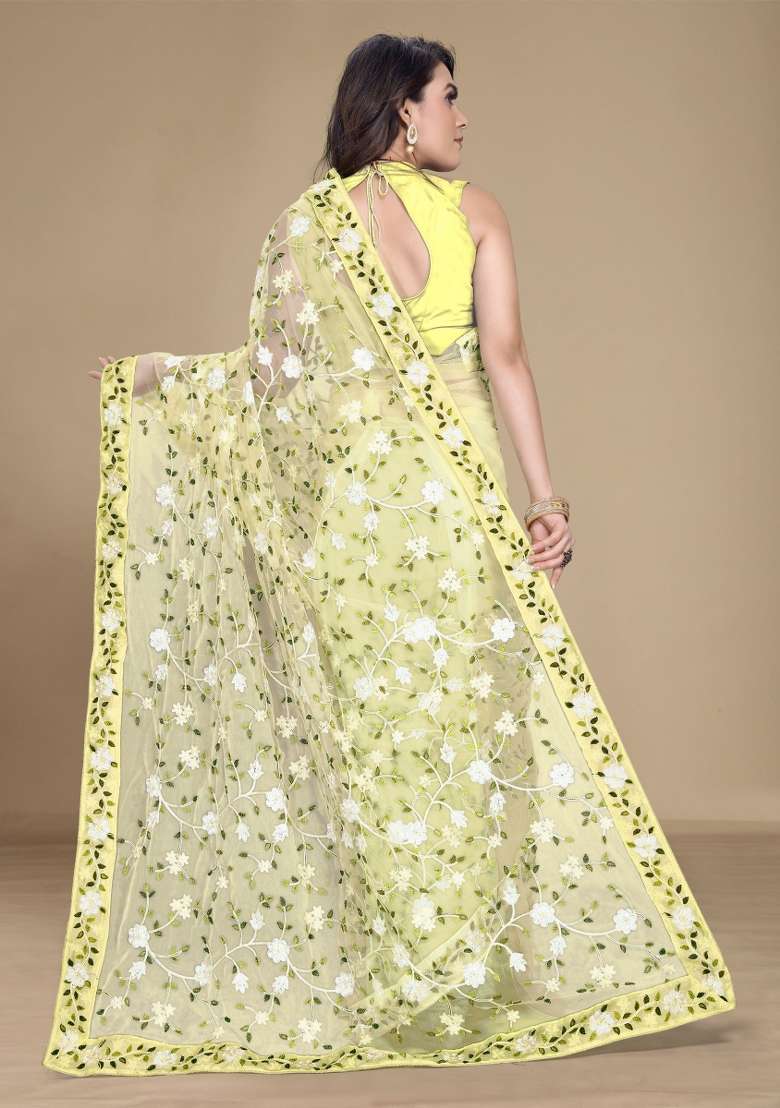 Yellow Embroidered Net Saree Set - Indya