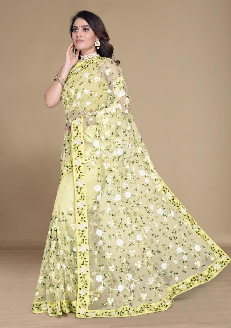 Yellow Embroidered Net Saree Set
