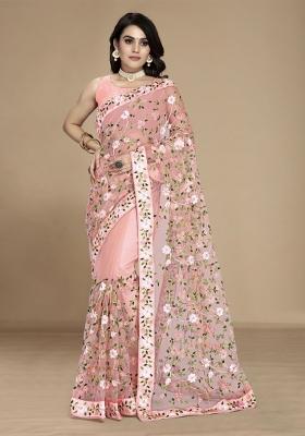 Peach Embroidered Net Saree Set