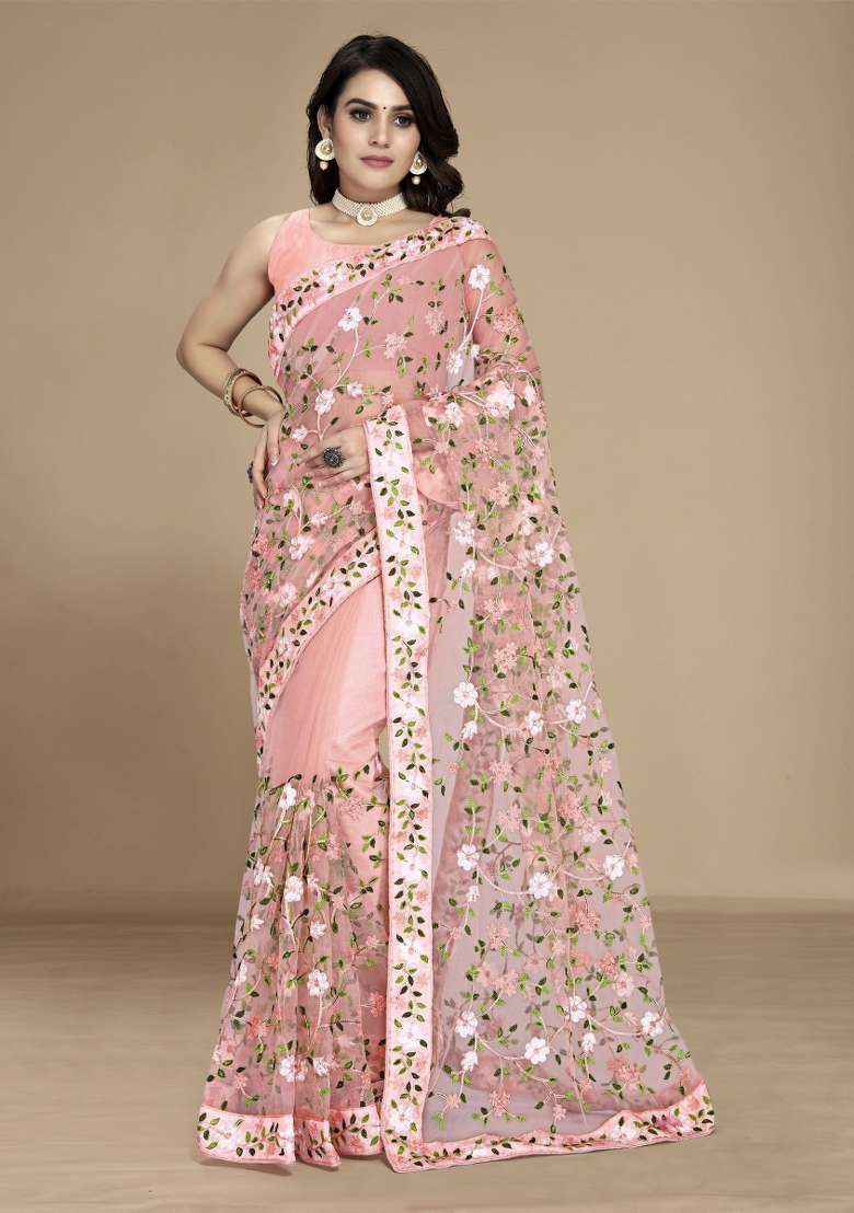 Peach Embroidered Net Saree Set - Indya
