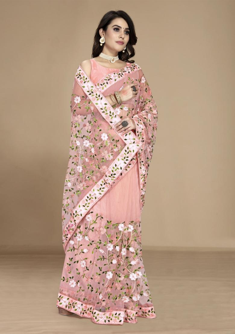 Peach Embroidered Net Saree Set