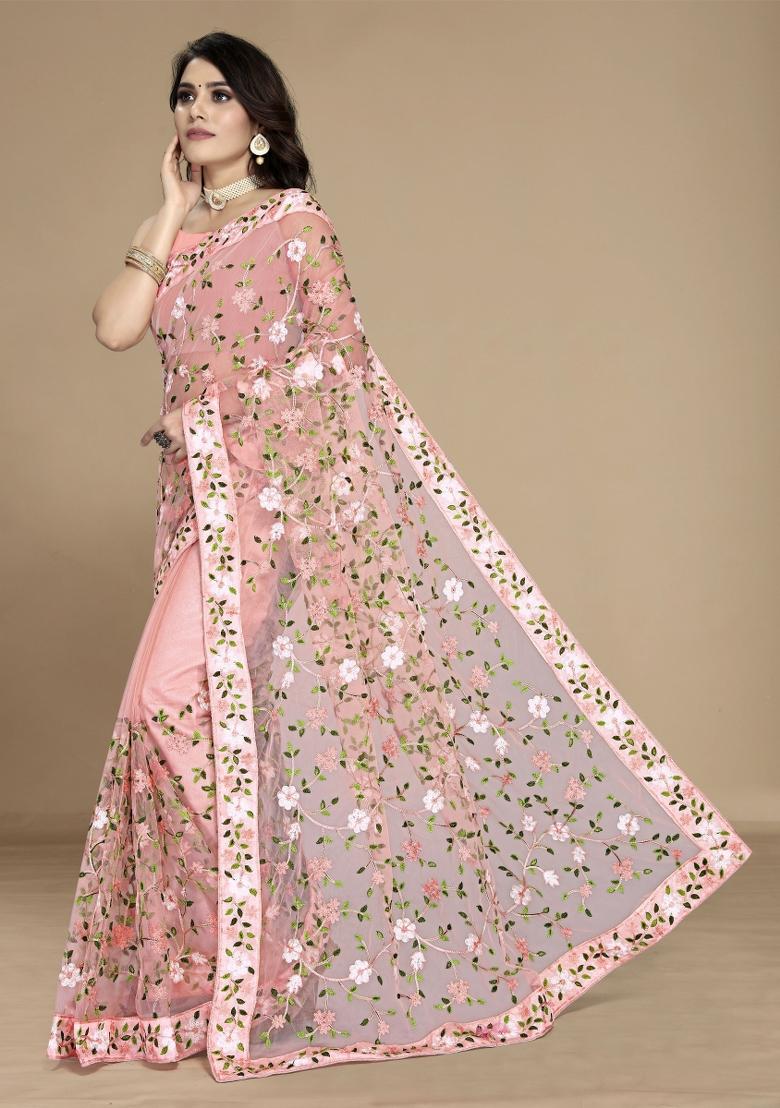 Peach Embroidered Net Saree Set