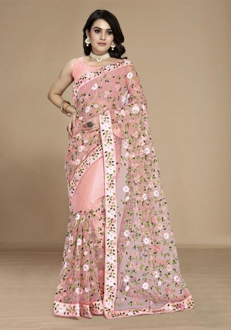 Peach Embroidered Net Saree Set
