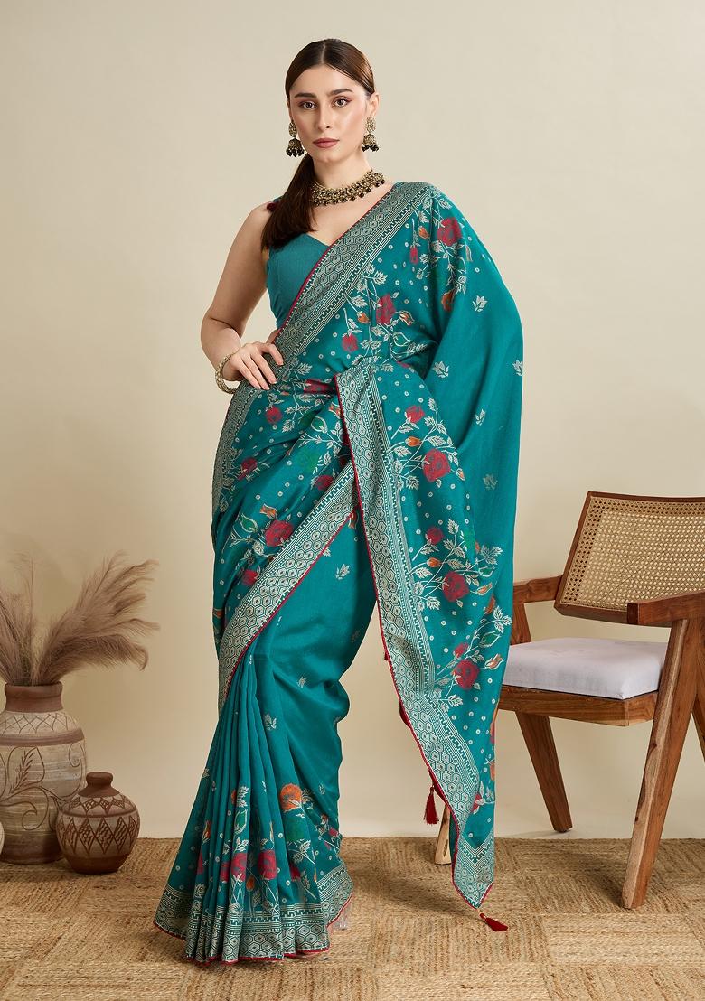 Rama Green Wevon And Designer Table Printed Cotton Saree Set