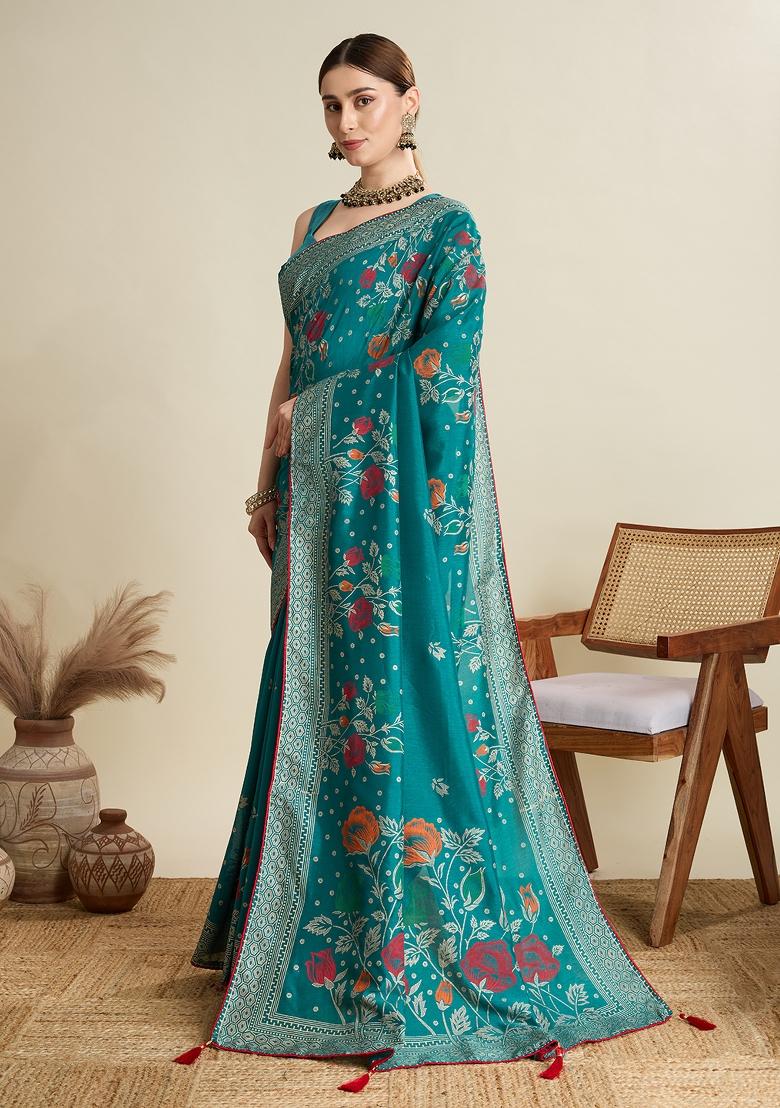 Rama Green Wevon And Designer Table Printed Cotton Saree Set