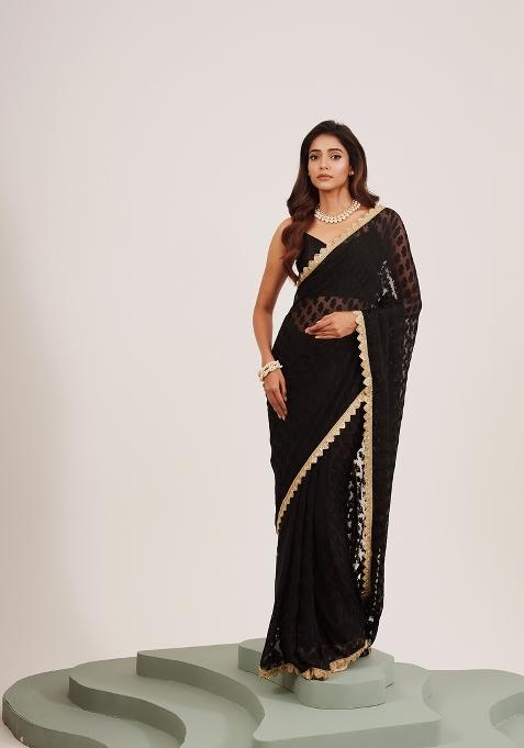 Black Embellished Brasso Saree Set