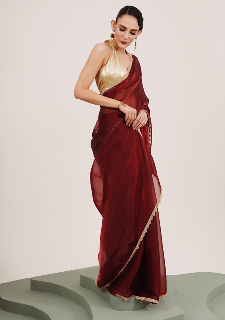 Maroon Embellished Organza Saree Set