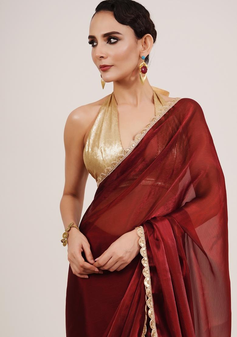Maroon Embellished Organza Saree Set
