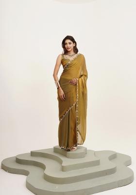 Metallic Mustard Yellow Embellished Satin Saree Set