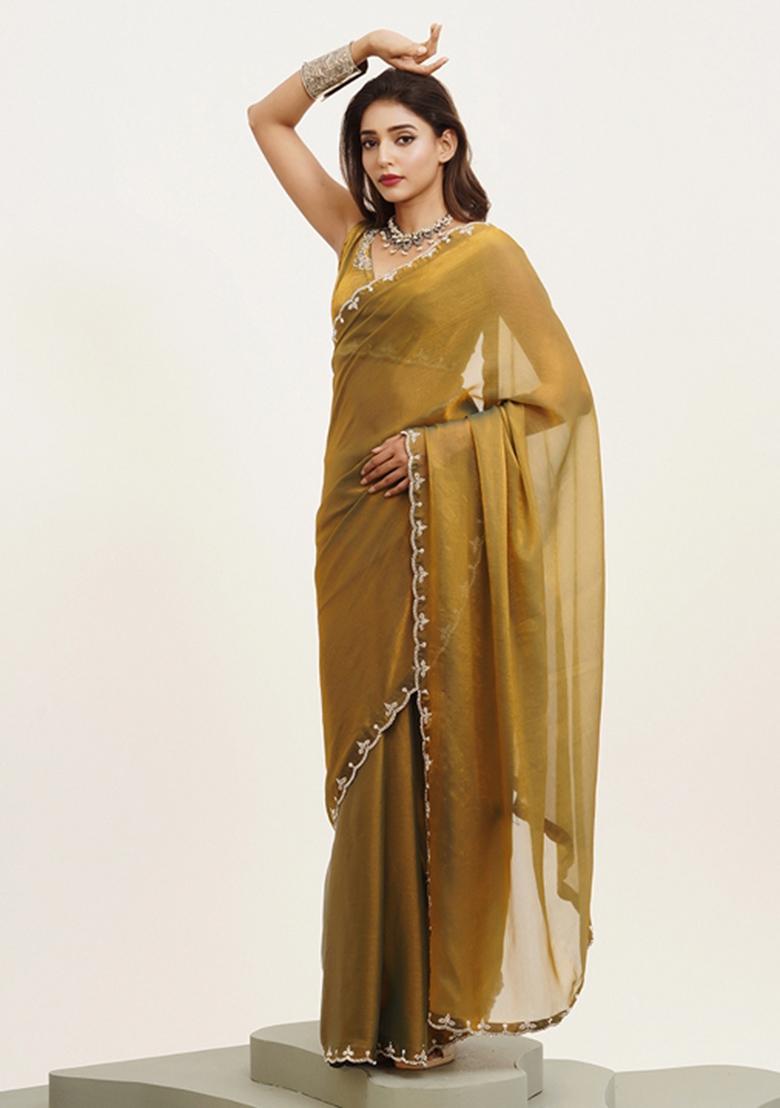 Metallic Mustard Yellow Embellished Satin Saree Set
