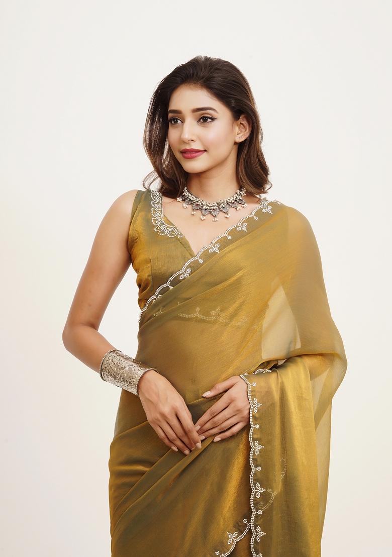 Metallic Mustard Yellow Embellished Satin Saree Set