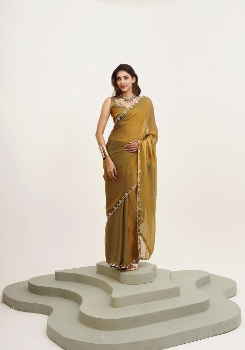 Metallic Mustard Yellow Embellished Satin Saree Set