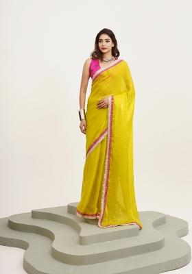 Metallic Yellow Embellished Satin Saree Set