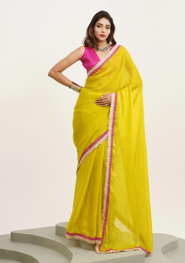 Metallic Yellow Embellished Satin Saree Set