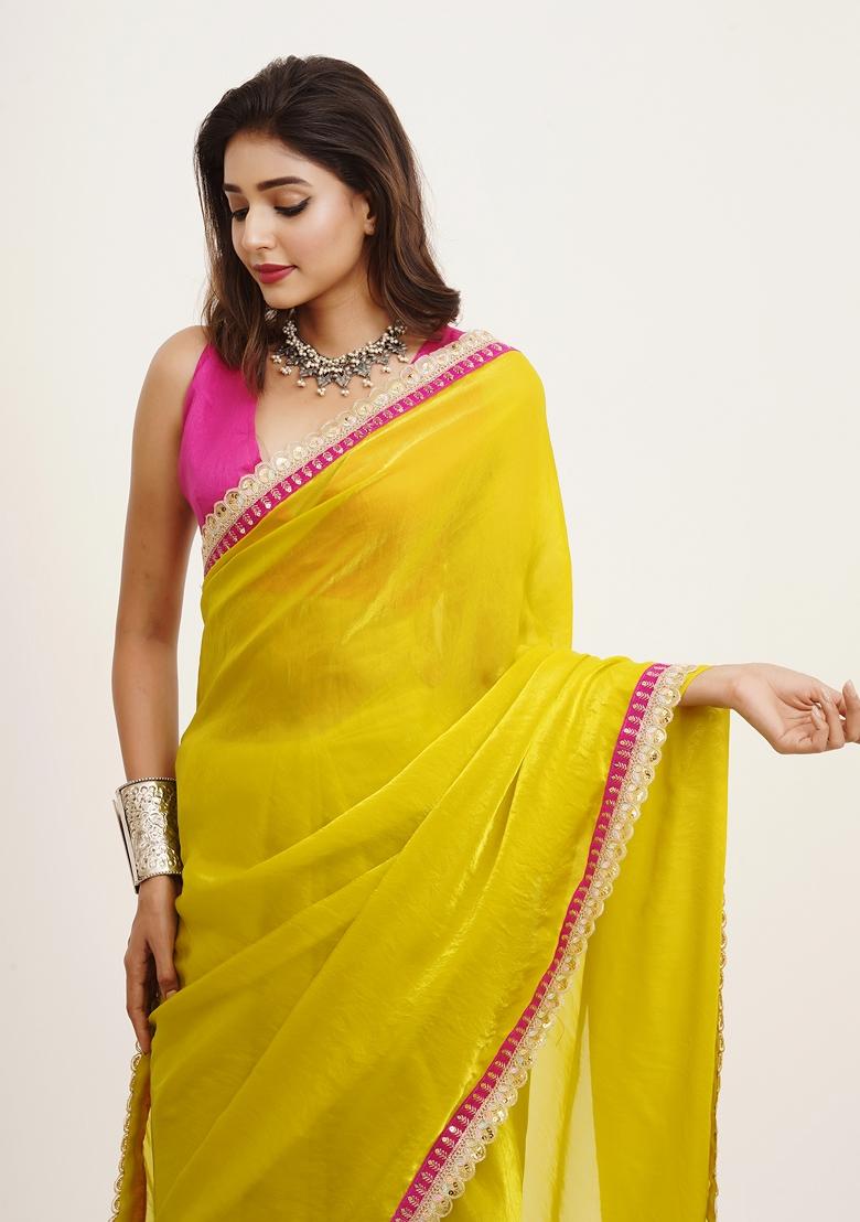 Metallic Yellow Embellished Satin Saree Set