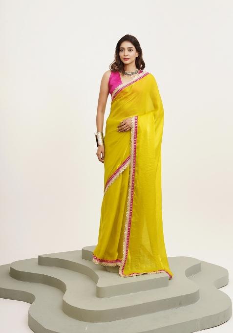 Metallic Yellow Embellished Satin Saree Set