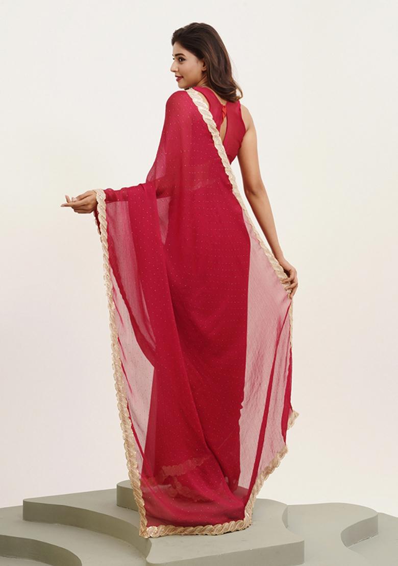 Red Embellished Chiffon Saree Set
