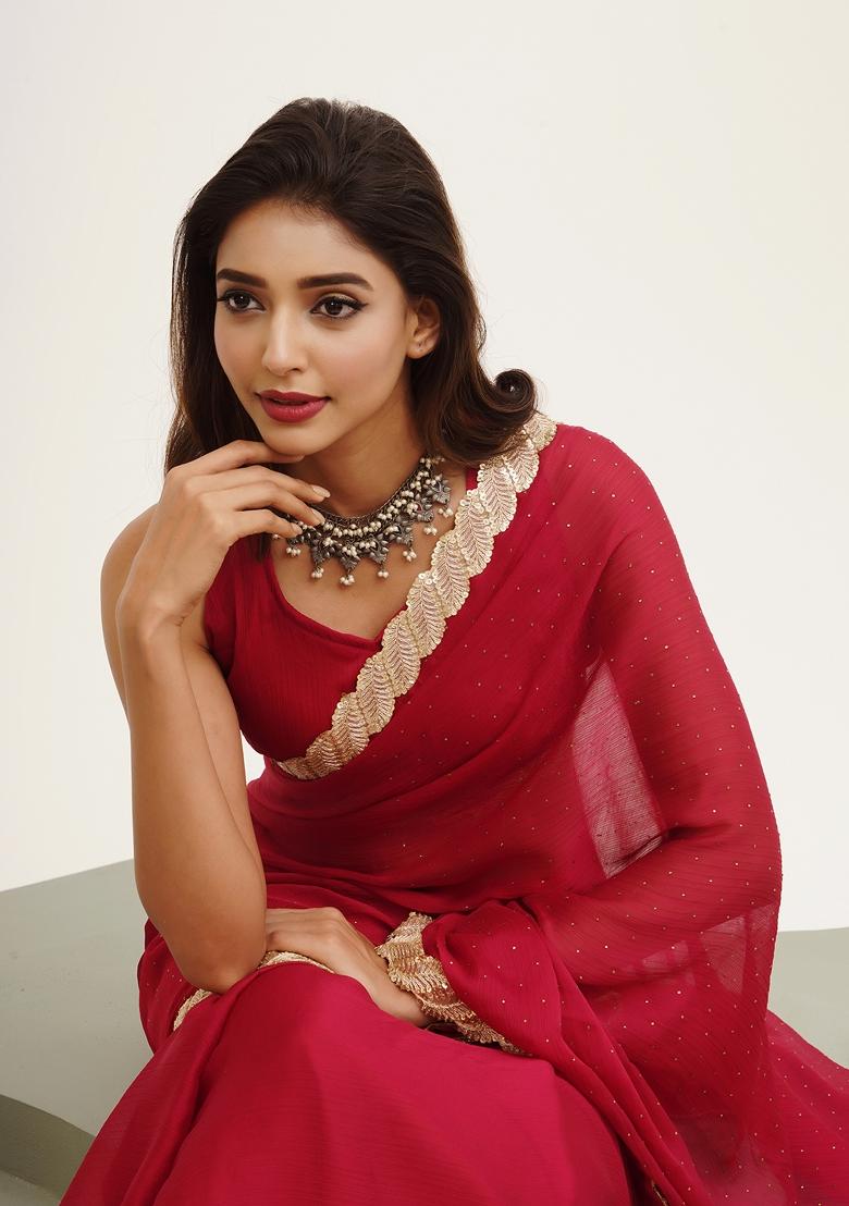 Red Embellished Chiffon Saree Set