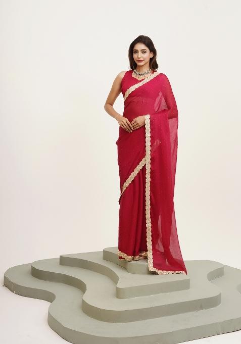 Red Embellished Chiffon Saree Set