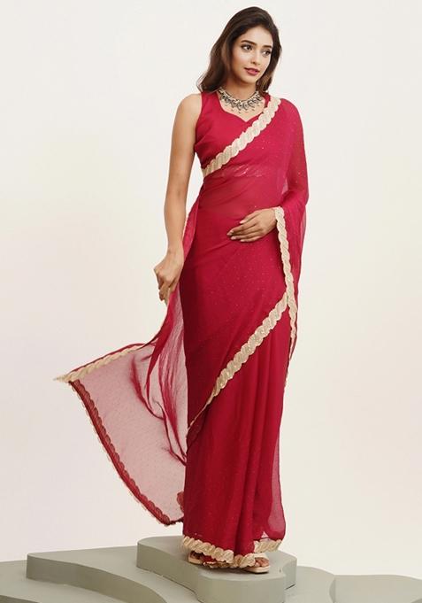 Red Embellished Chiffon Saree Set