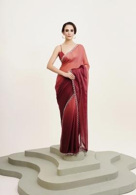 Maroon Embellished Satin Saree Set