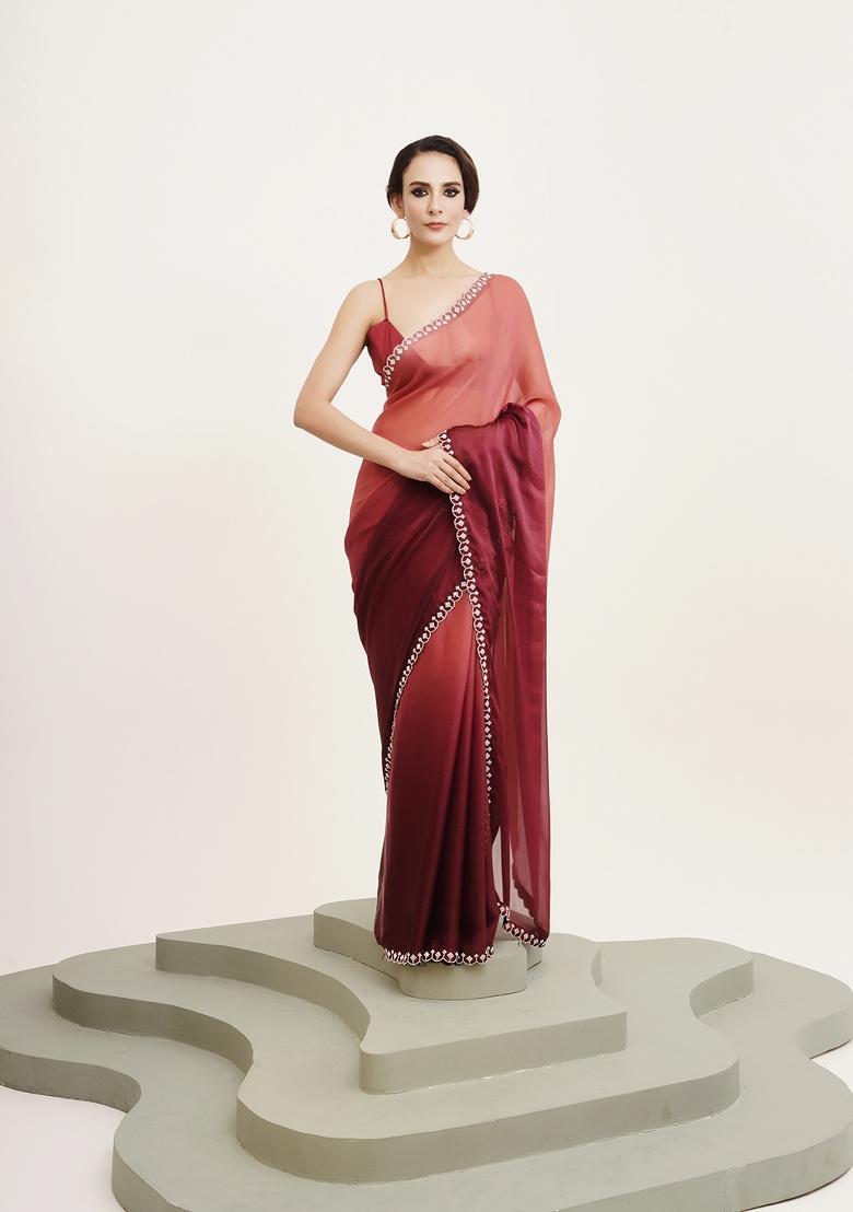 Maroon Embellished Satin Saree Set