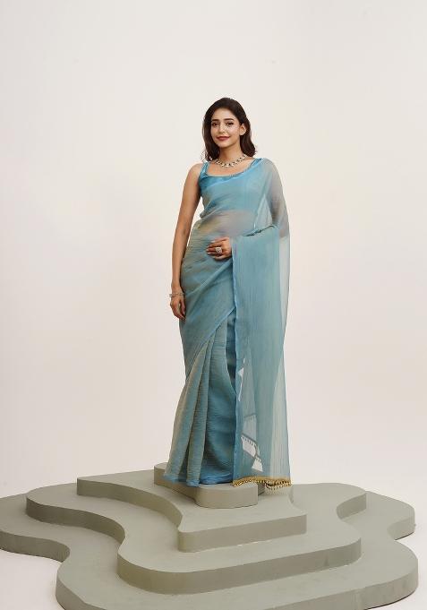 Turquoise Blue Solid Satin Saree Satin Saree Set