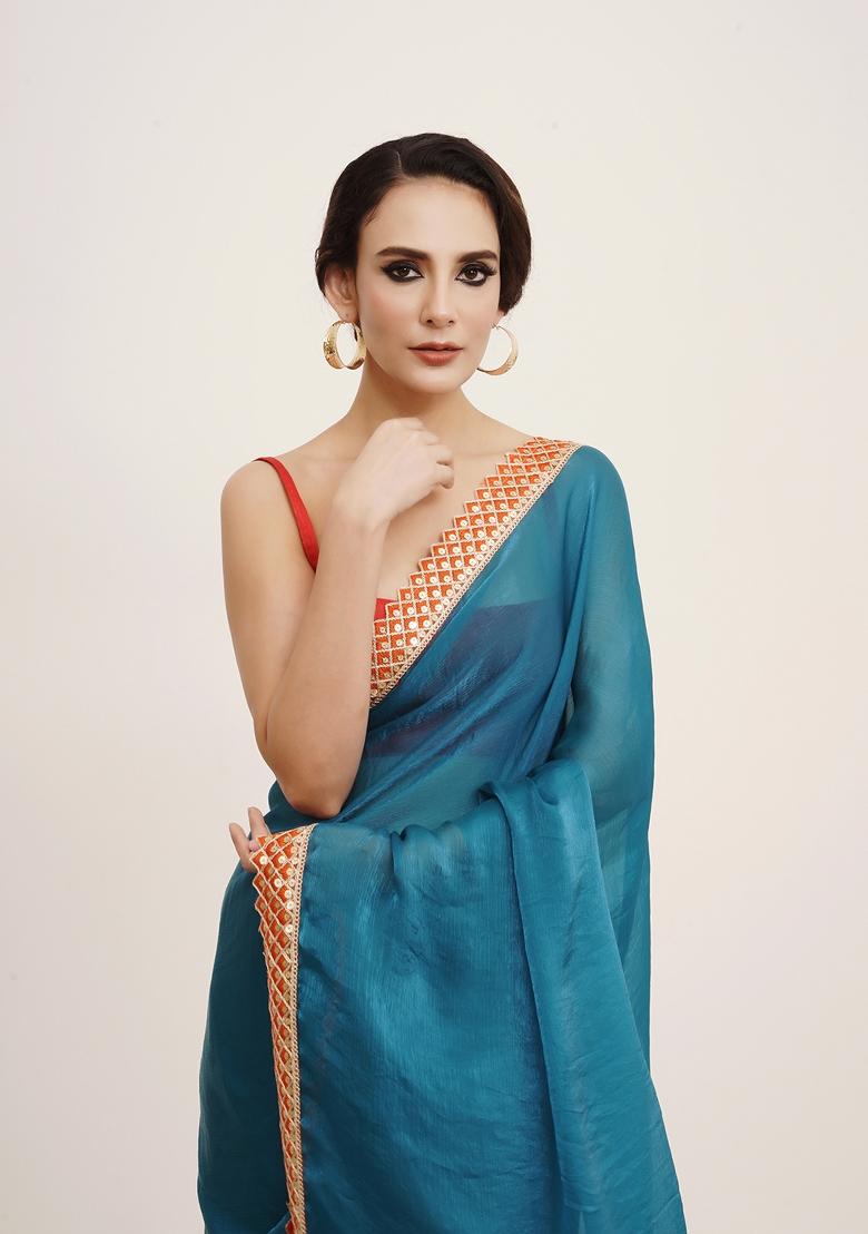 Teal Blue Embellished Chiffon Saree Set